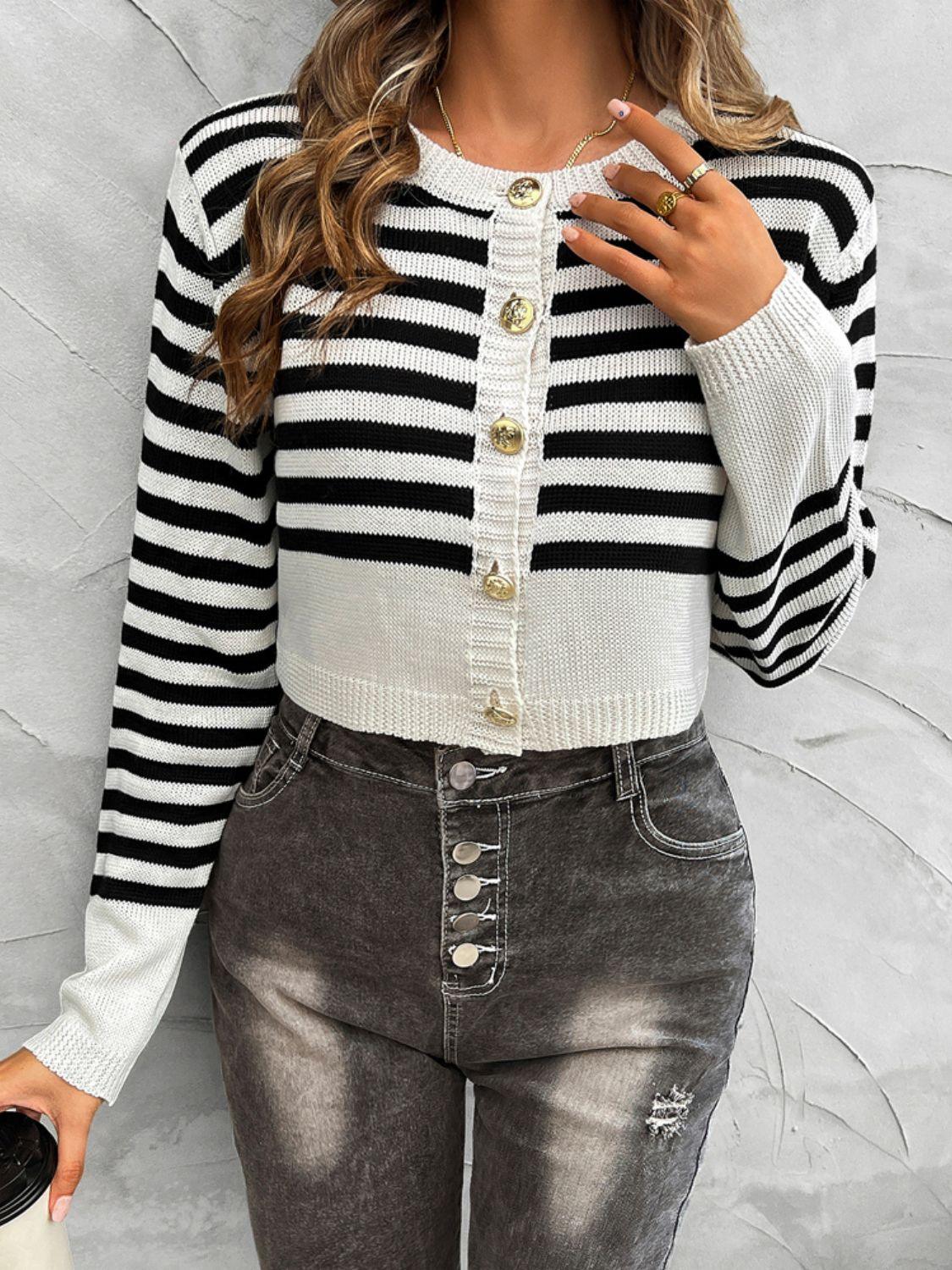 Devine Striped Cropped Cardigan Round Neck Button Down Long Sleeve