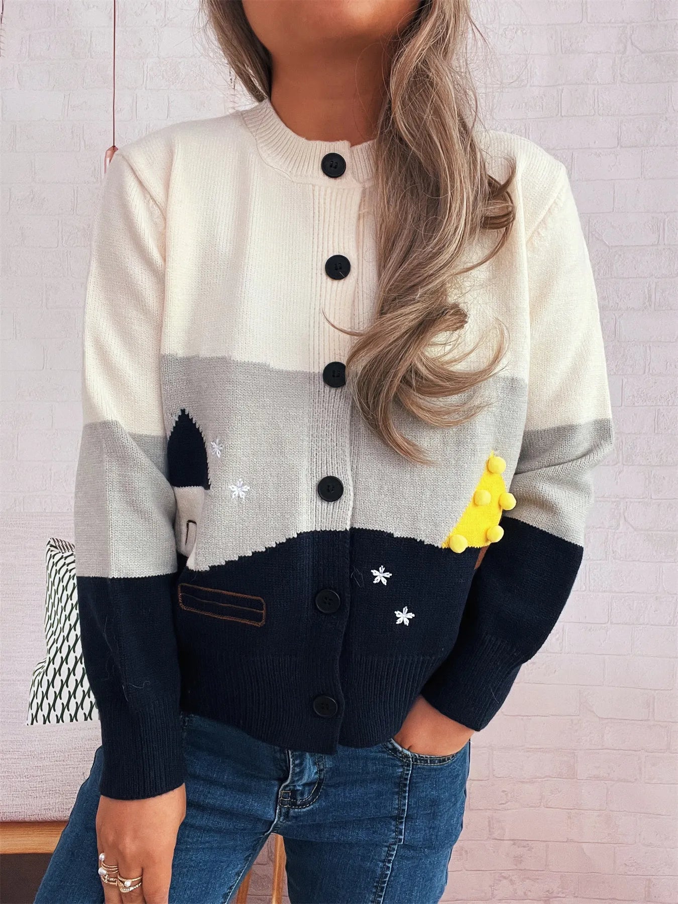 Women's Cardigan Color Block Stripe Button-Up Knit Round Neck Sweater fc019ea8383a40ad99eebbfd1c34a079-Max-Origin Trendsi