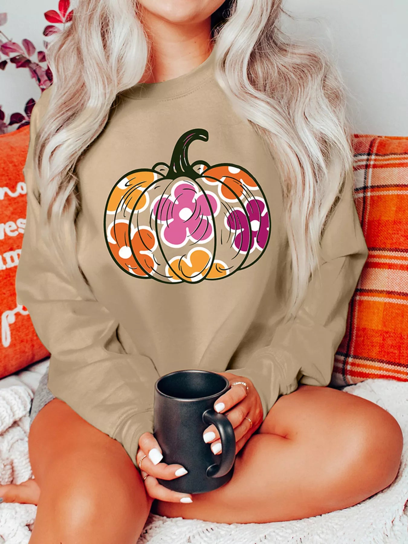 Halloween Women's Sweatshirt Kahki Floral Pumpkin Graphic Drop Shoulder Top Khaki fc06274294864821aa76e693f5e2f48e-Max-Origin Trendsi