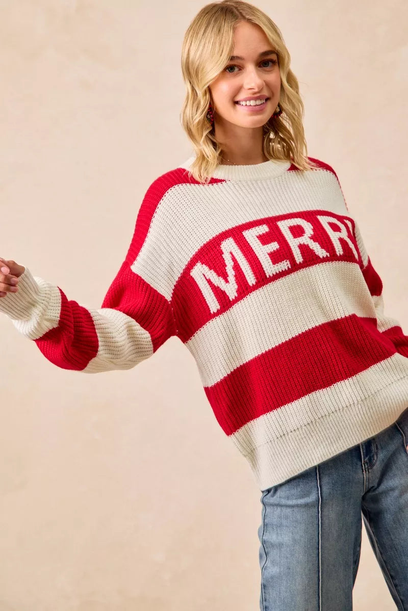 BiBi Christmas Women's Sweater Ivory Red Stripe Merry Lettering Oversized fc0c6d48e6f245cba7a02bee1b0f0be0-Max-Origin Trendsi