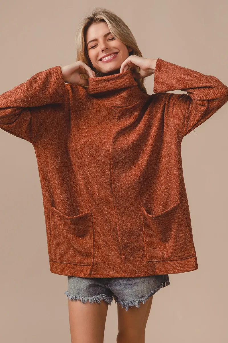 BiBi Piper Rib Sweater Turtle Neck Rust Double Front Pockets Oversized Top RUST fc0d676b5f4540318bda11b89414e696-Max-Origin Trendsi