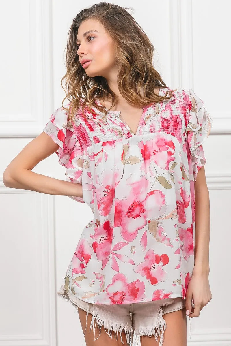 BiBi Blouse Ruffled Floral Print Flutter Sheer Top Short Sleeve fc0eeeba097a4497a6e4182e5fb478dc-Max-Origin Trendsi
