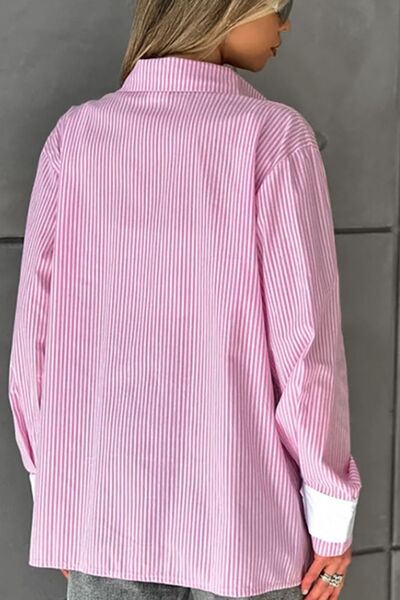 Striped Pink Shirt Women's Collared Patch Pocket Long Sleeve Casual Top fc1a7593-3ab2-4f9f-abcc-f831e3fc36c1-Min Trendsi
