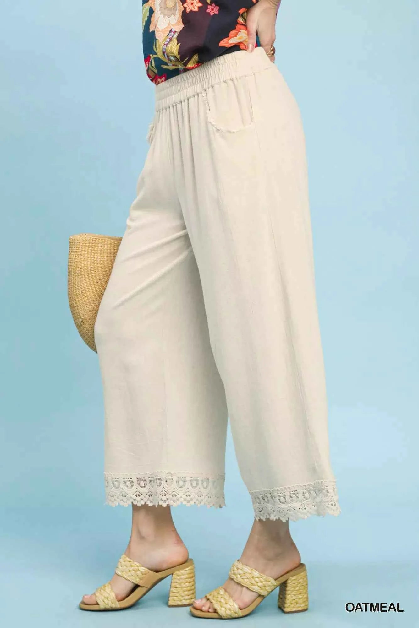 Umgee Linen Pants Beige Wide Leg Cropped with Lace Trim Elastic Waist fc1b603f-fbfa-414a-b5df-99e88997cf2e-Max-Origin Trendsi
