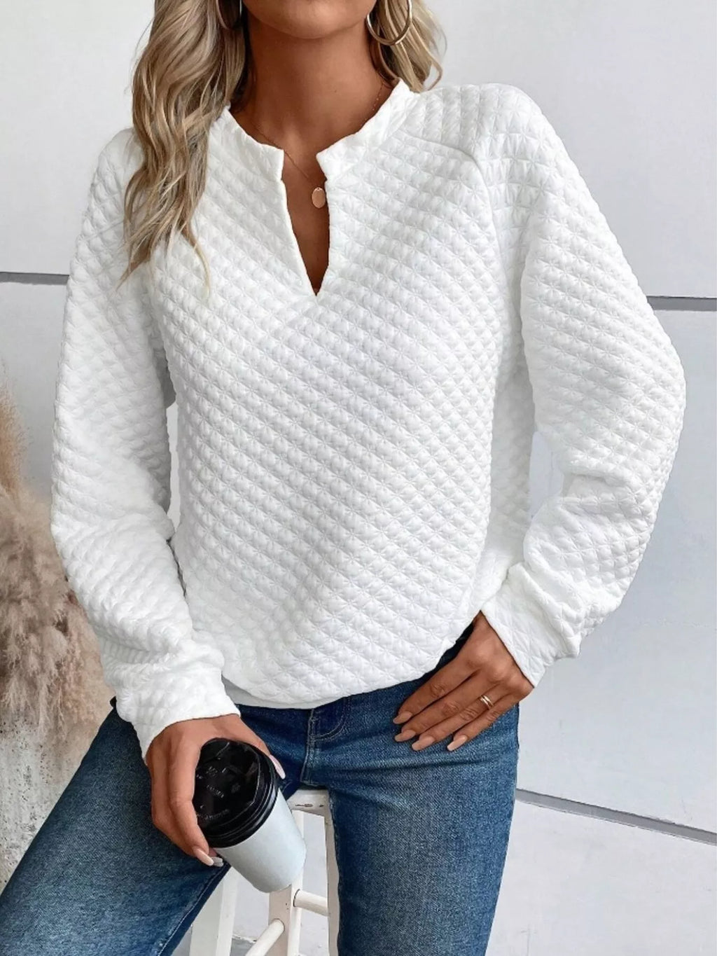 Women's Sweatshirt Textured Notched Raglan Long Sleeve Top White fc24ac34dfb749638cb4983cce7b078f-Max-Origin Trendsi