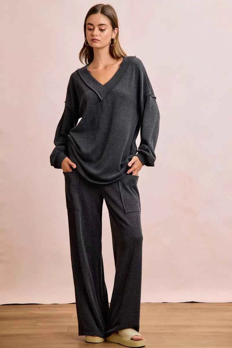 BiBi Women Tracksuit Set Black Cord Rib Contrast Stitch V-Neck Top and Pants BLACK CHARCOAL fc28a745086b4819b937a397fe19e2e2-Max-Origin Trendsi