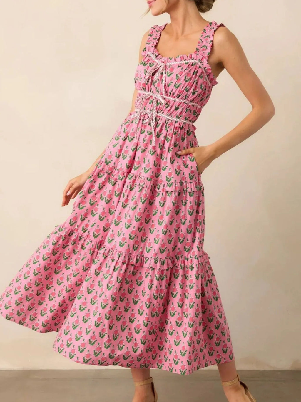 Floral Midi Dress Pink Print Ruffled Straps with Pockets fc3ca229-de3a-4264-97a9-df6c0ab17ea2-Max-Origin Trendsi