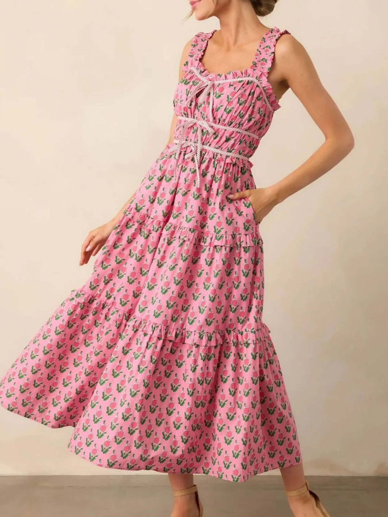 Floral Midi Dress Pink Print Ruffled Straps with Pockets fc3ca229-de3a-4264-97a9-df6c0ab17ea2-Max-Origin Trendsi