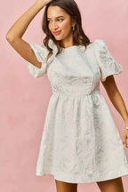 SO ME Jacquard Mini Dress White Floral Bubble Shorts Sleeves fc40b285d83e495db871093b0a55e520-Max-Origin Trendsi