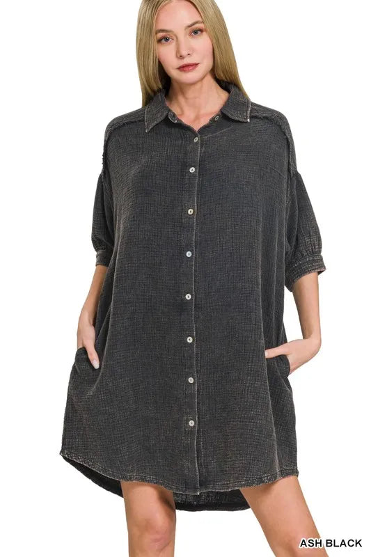 Zenana Shirt Dress Ash Black Washed Double Gauze Oversized Pocketed fc4277fe73ef46e7947253c5e0513604-Max-Origin Trendsi