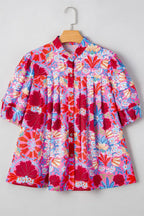 Floral Women's Blouse Pleated Colorful Red Buttoned Puff Short Sleeve fc4712fe-26f8-4053-b8a9-77a96015a142-Max-Origin Trendsi