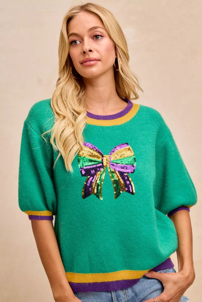 BiBi Sweater Green Mardi Gras Sequin Ribbon Patched Short Sleeve fc51ee936e934eab8acadc12d573bea7-Max-Origin Trendsi