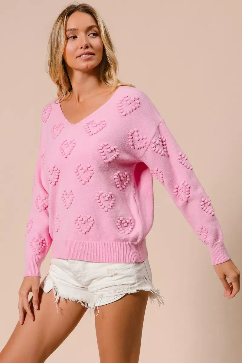 BiBi Women's Knit Top Pink Valentines Heart Pompom V Neck fc5782a9c7064f6683eea9f2fcccc33c-Max-Origin Trendsi