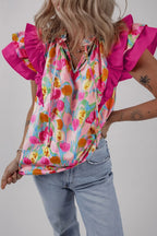 Women's Cotton Blouse Floral Hot Pink Ruffle Layered Short Sleeve Top Hot Pink fc57e04e-9b98-4ced-bbef-691f5390ffe6-Max-Origin Trendsi