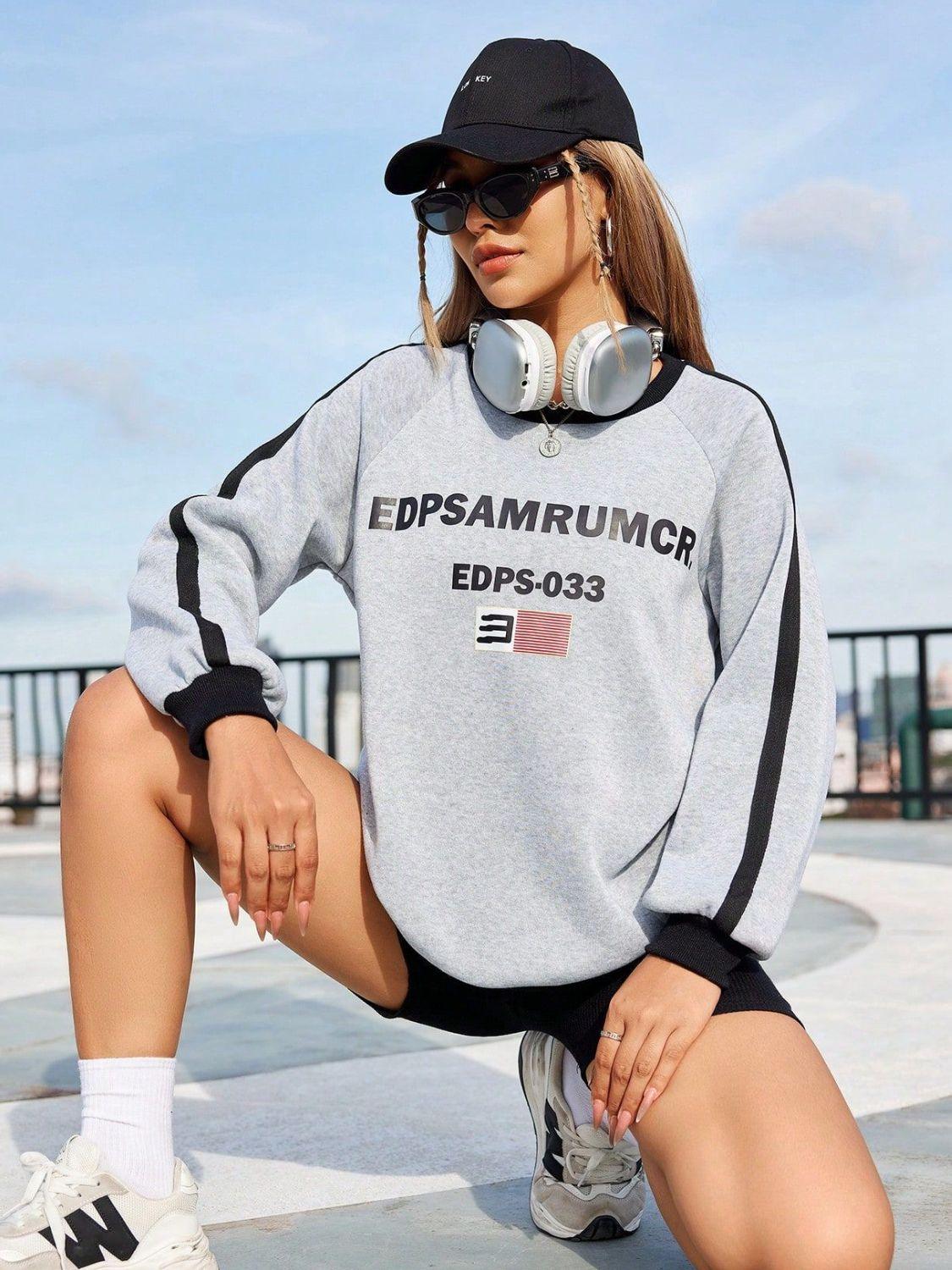 Sweatshirt Gray Cotton Casual Letter Print Round Neck Long Sleeve Light Gray fc5d548a-39aa-46de-80b7-8bde6653af24-Max Trendsi
