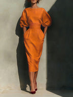 Round Neck Puff Sleeve Midi Dress with Pockets, 100% Polyester, No Stretch, Unlined