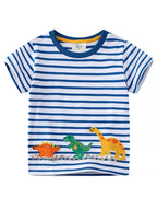 Boy's T-Shirt Children's Cotton Dinosaur Round Neck Blue Striped Short Sleeve Top Peacock Blue fc6873be-75f4-48fa-aae9-96d84f276127-Max-Origin Trendsi