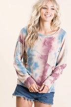 BiBi Womens Blouse Tie Dye Lavender Blue Print Terry Top With Front Patch Pocket LAVENDER BLUE fc6ea3bde6404ac5aa14f238039e4962-Max-Origin Trendsi