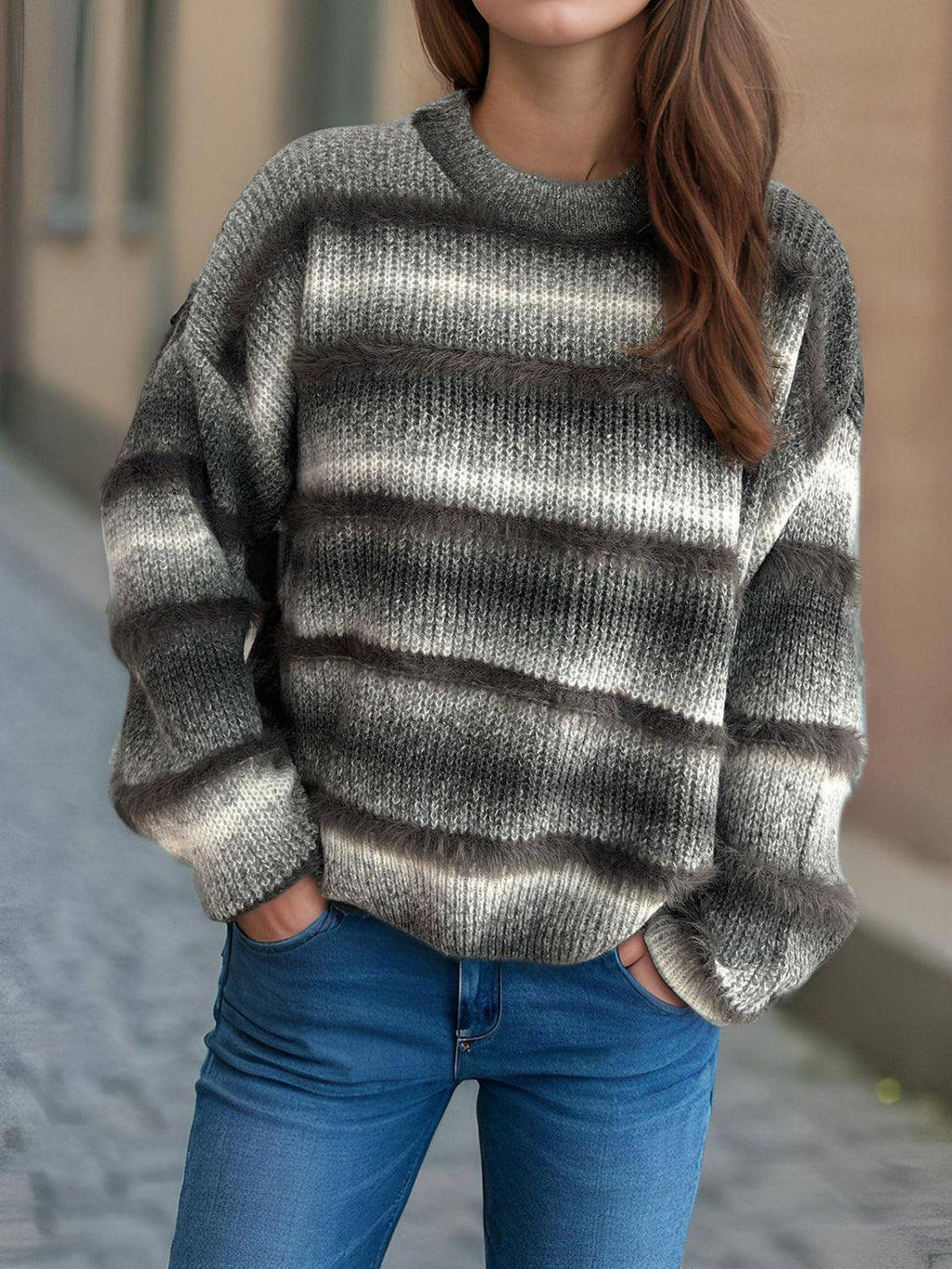 Gradient Striped Sweater Round Neck Dropped Shoulder Pullover