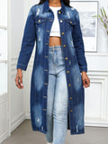 Denim Jacket Long Distressed Button Up Collared Neck Medium fc73b5db-156b-4d25-9e8c-6b7276e1a256-Max Trendsi