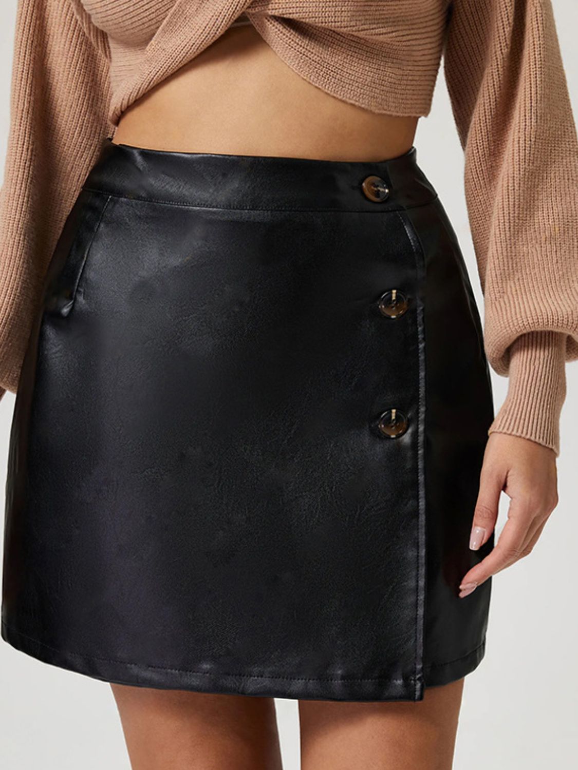 Mini Skirt Pu Leather Buttoned Front High Waisted Women Fashion Skirts