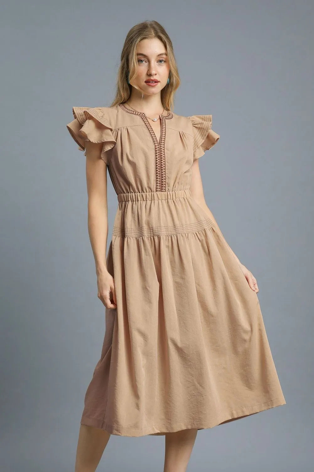 Umgee Midi Dress Tan Ruffled Cap Sleeve with Contrast Trim Detail Tan fc7c9d17-f1f8-427f-b655-421adb915595-Max-Origin Trendsi