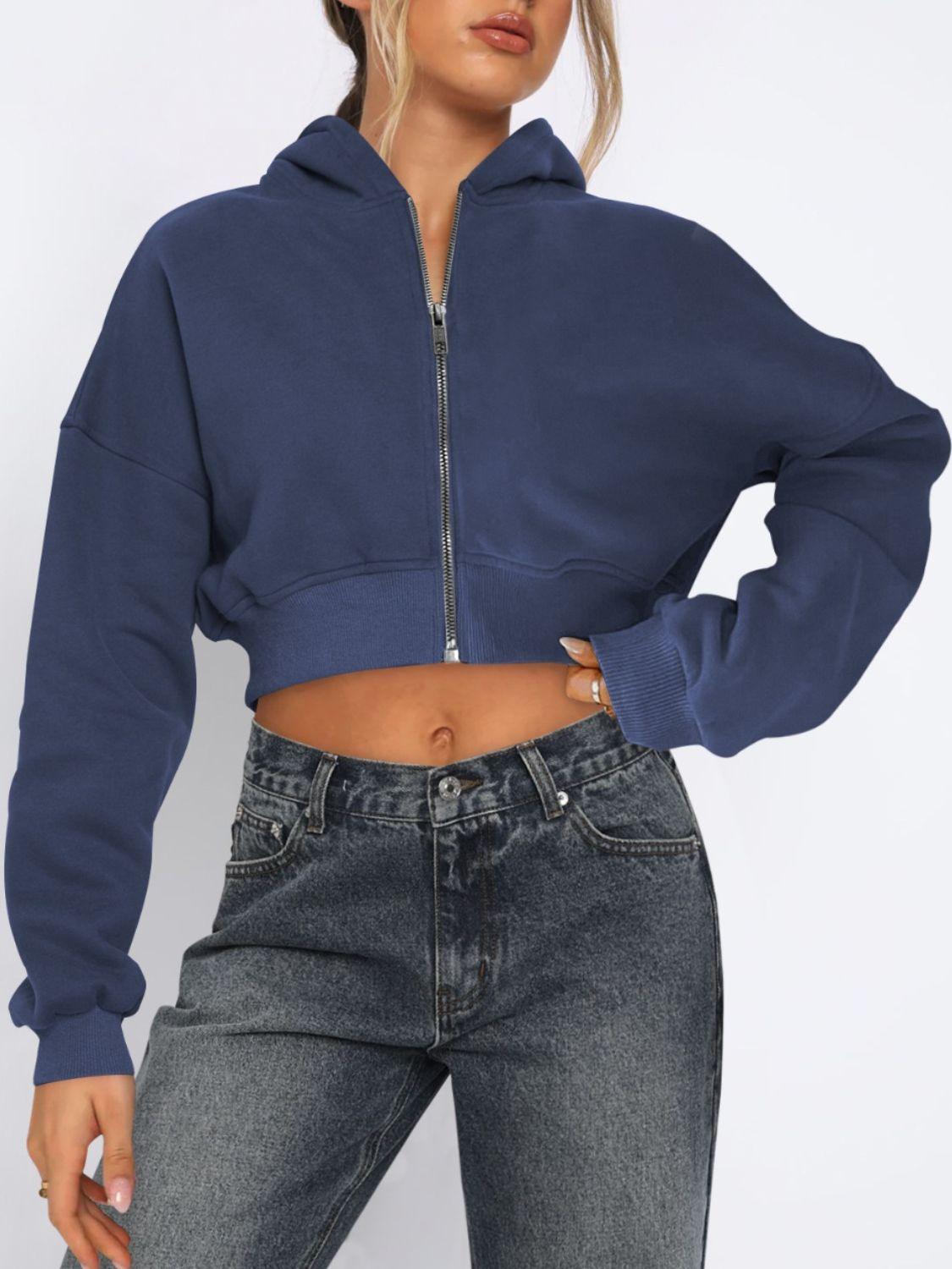 Cropped Jacket Viscose Zip Up Long Sleeve Hooded Outwear Navy fc7eab06-d05b-44ff-b962-e7e80e370fbd-Max Trendsi