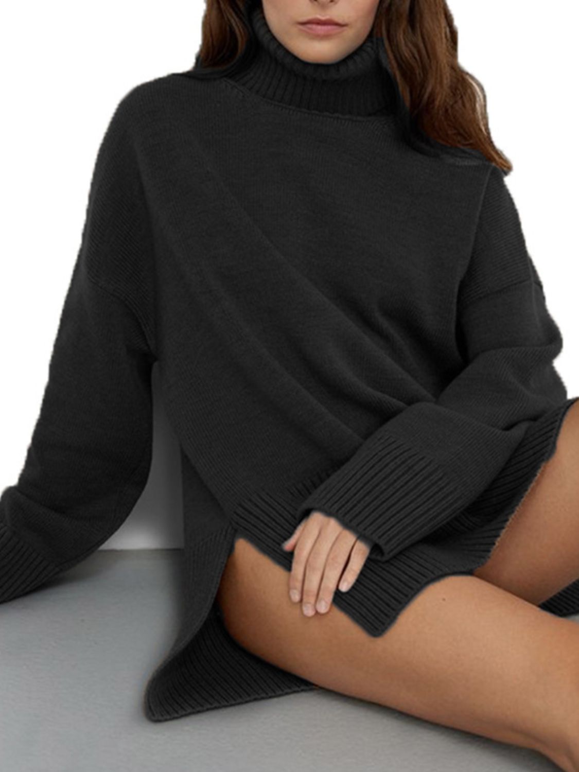 Women Sweater Side Slit Turtleneck Drop Shoulder Long Sleeve Soft Pullover fc87a588-8688-4e28-b0c4-e5d80d547645-Max Trendsi