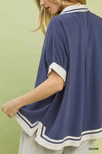 Umgee Women Blouse Blue Linen Button Front Top with Contrast Piping Top fc8c6efd-29be-433a-b35e-1e0117b5808b-Max-Origin Trendsi