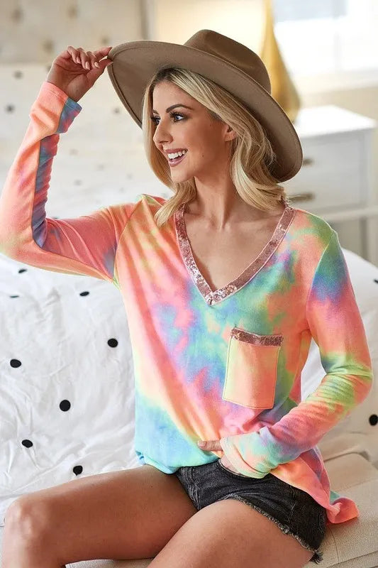 BiBi Womens Tie Dye Top V-neck Terry Pastel With Sequins Long Sleeve PASTEL TIE DYE fc8c81aeabcf4343898eee17c05dfb5f-Max-Origin Trendsi