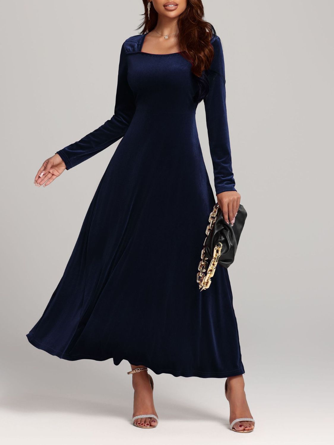 Velvet Midi Dress Square Neck Long Sleeve Women Solid Party Dress fc91614e-bd09-4410-8ab5-7e22cd47acda-Max Trendsi