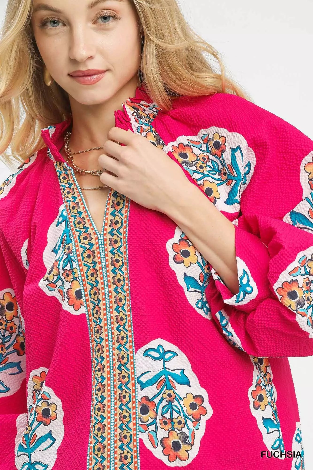 Umgee Womens Tunic Blouse Fuchsia Boho Floral Print Smocked Top fc9768d2-926c-4b99-a55c-a8dd05a46fb6-Max-Origin Trendsi