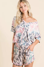 BiBi Tie Dye Print Terry V Neck Top With Contrast Short Sleeve Blouse TIE DYE fc9929c8b77045f3916e621153e07d6d-Max-Origin Trendsi