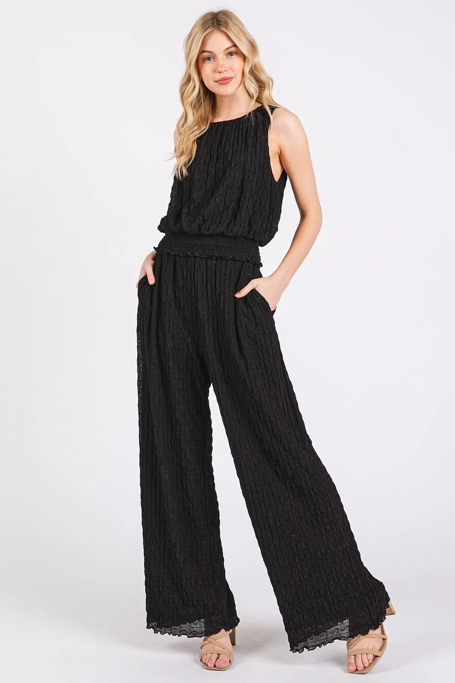 Mittoshop Crop Tank and Pants Set Black Textured Stretchy Ruched Outfit Set BLACK fc9b915a5a1542ac9429ece874e46b85-Max-Origin Trendsi