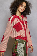 POL Hooded Shirt Red Texture Woven Buttonned with Drawstring Hem fc9e1781-f2e4-48b9-960d-72a8ca6fe1e9-Max-Origin Trendsi