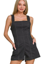 Zenana Romper Black Denim Tie Back Backless Contrast Stitching Jumpsuit BLACK fca2bf66-6464-40e8-9f68-369eea24f0ee-Max-Origin Trendsi