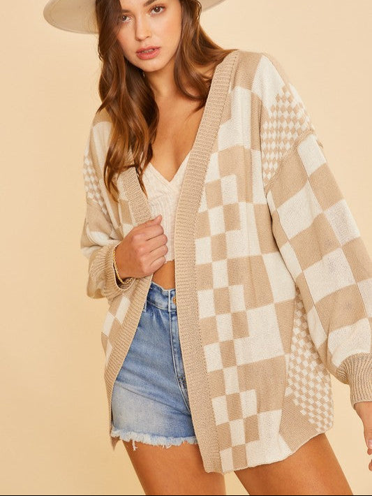 Women's Cardigan Annie Wear Checkered Open Front Tan Long Sleeve fcb5d8cc-ed34-4d12-be55-a4e0644b195e-Max Trendsi