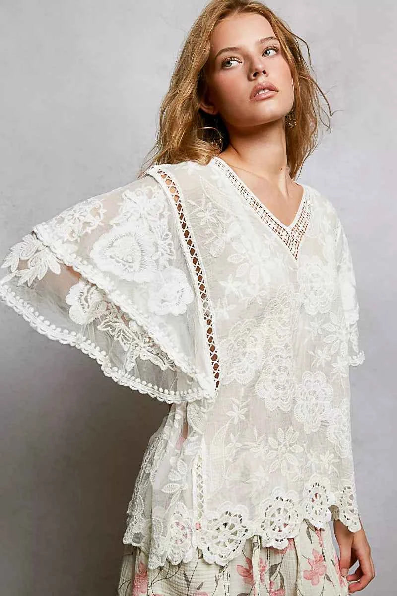 POL Floral Crochet V-Neck Short Sleeve Blouse with Scalloped Hem