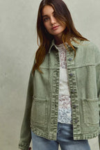 SO ME Womens Denim Shacket Olive Vintage Washed Button Twill Outwear fccad50c6fb24047979108e66f6924d7-Max-Origin Trendsi