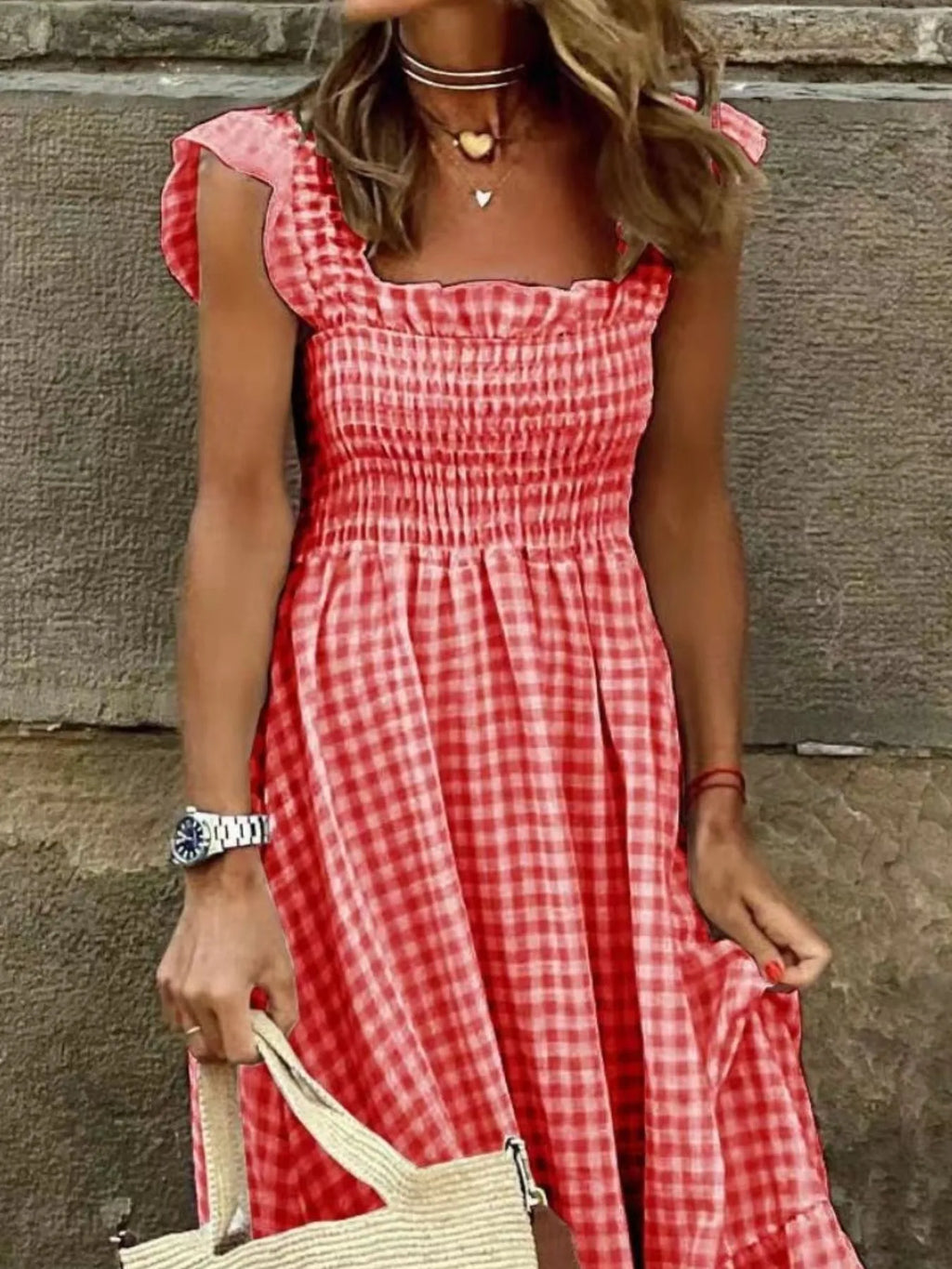 Maxi Dress Plaid Gingham Smocked High Waist with Ruffle Straps Square Neck fcd6ee4b961e4f41a6bfe1a02bb0d88e-Max-Origin Trendsi