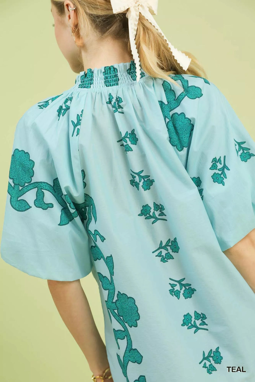 Umgee Womens Blouse Teal Floral Smocked Notched Puff Short Sleeve Top fcde7819-ce1e-4178-887c-8770abdbb3db-Max-Origin Trendsi