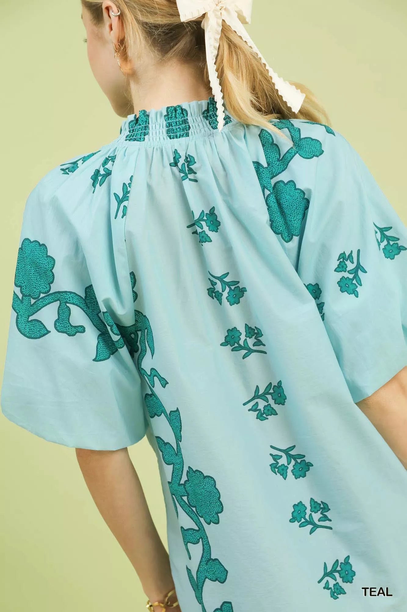 Umgee Womens Blouse Teal Floral Smocked Notched Puff Short Sleeve Top fcde7819-ce1e-4178-887c-8770abdbb3db-Max-Origin Trendsi