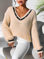 Sweater Beaded Contrast Trim V-Neck Long Sleeve Knitwear fce63efa-fbea-4a4f-8098-b1ad837c2220-Max Trendsi
