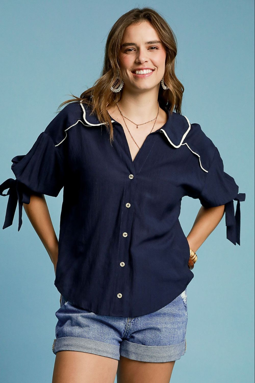 Umgee Shirt Dark Navy Embroidered Detail Bow Tied Short Sleeve Top Dark Navy