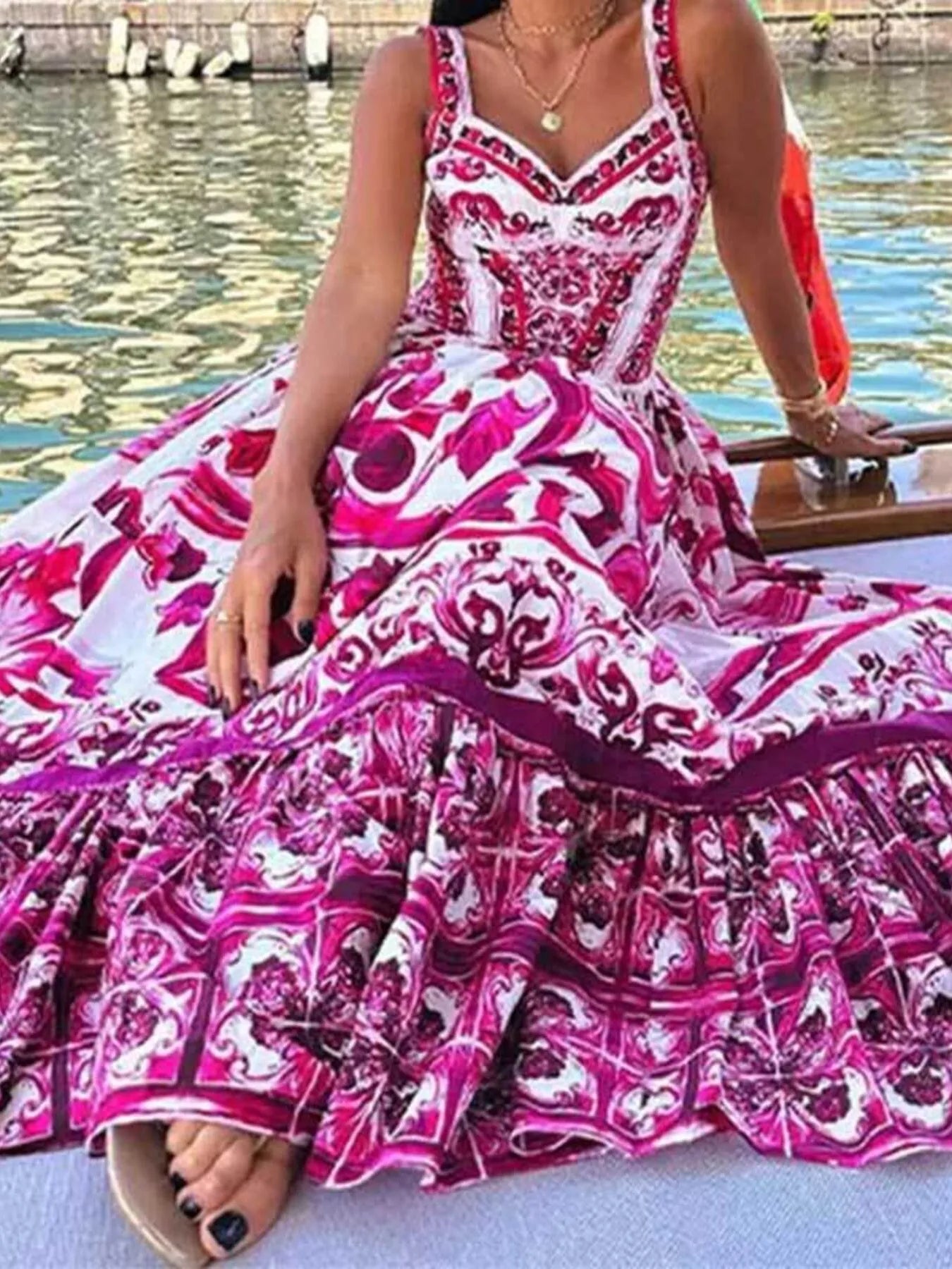 Maxi Cami Dress Printed Sweetheart Neck Ruffled Empire Waist fcf6fbceb6c34e2084bef53453a23f30-Max-Origin Trendsi