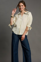 Umgee Shirt Ecru Embroidered Detail Short Bow Sleeve Top ECRU fd08b4ba-b67c-4cbd-a006-b994ac455828-Max Trendsi