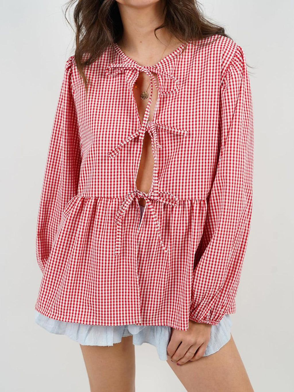 Blouse Front Tied Round Neck Long Sleeve Cotton Blend Tops Red fd0e9517-69e4-4729-bafc-4180f62ccbad-Max_57638ce9-9fe4-4dc8-8c0d-9ce242bd40e2 Trendsi