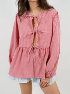 Blouse Front Tied Round Neck Long Sleeve Cotton Blend Tops fd0e9517-69e4-4729-bafc-4180f62ccbad-Max_c524e3ed-ba58-49c8-8f8d-c26edc9ddd10 Trendsi