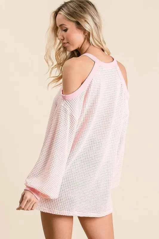 BiBi Popcorn Waffle Top with Cold Shoulder Detail