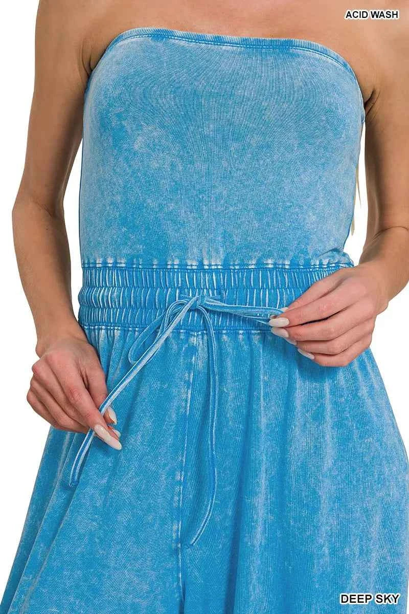 Zenana Acid Washed Strapless Tube Top Jumpsuit